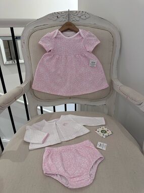 🦢 3 Mth Adorable Soft Pink Roses Floral Baby Dress 3 Piece Set by Little Me NWT